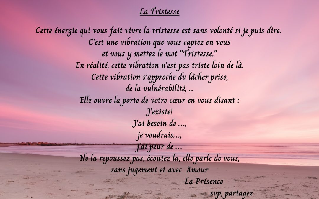 La Tristesse, cette energie qui vous fait vivre la tristesse est sans volonté si je puis dire. C’est une vibration que vous captez en vous…
