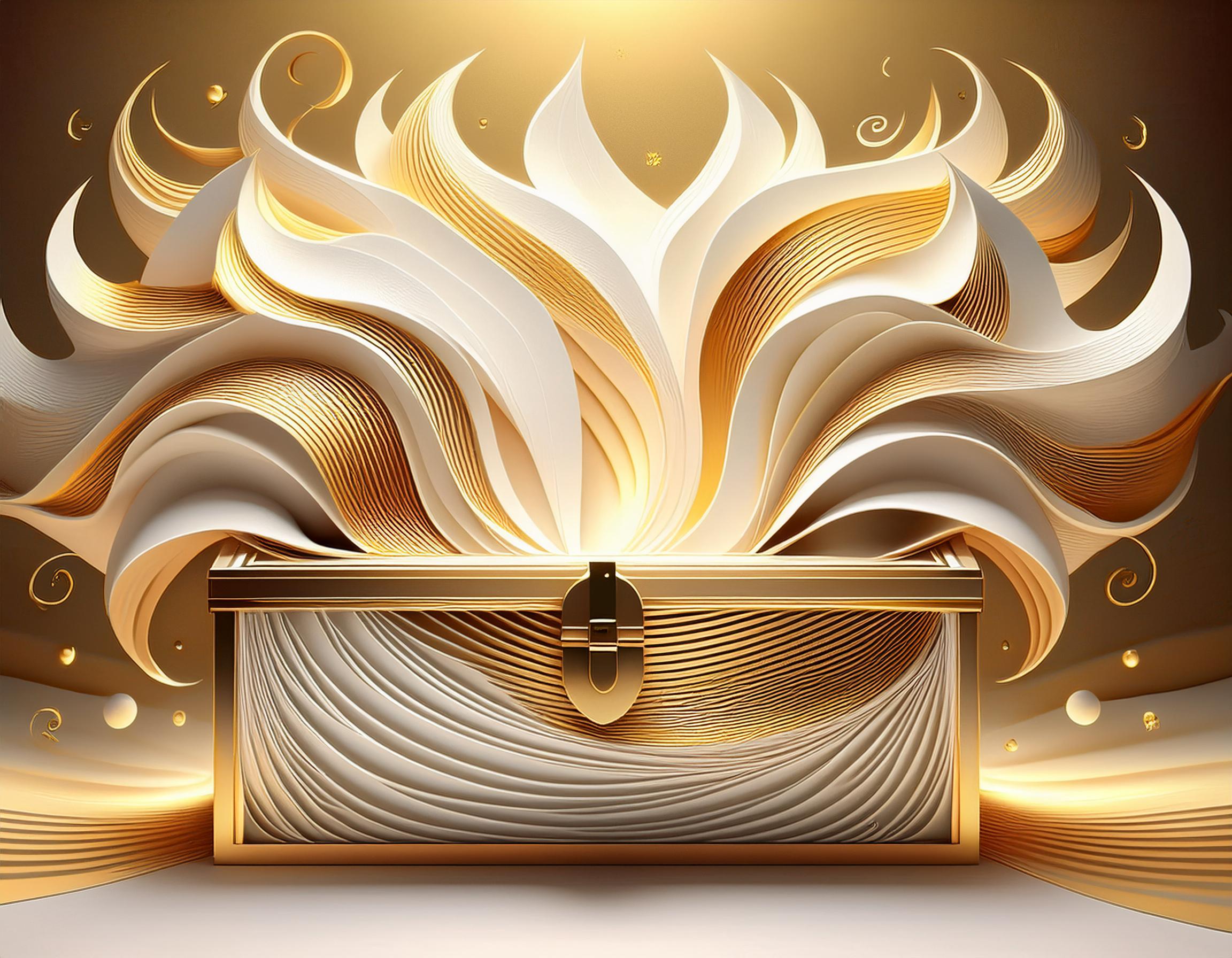 Vibrations blanches et or qui sortent d'un coffre